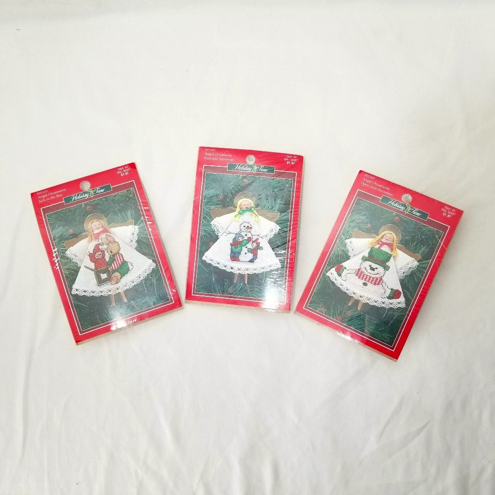 VTG Holiday Time Embroidery Cross-Stitch Angel Ornaments Jack in the Box Snowman